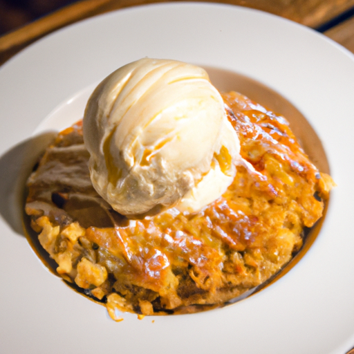 A warm apple crumble with a scoop of vanilla ice cream on top.