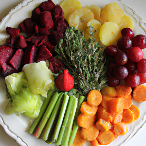 A plate filled with colorful fruits and vegetables, representing a balanced winter meal.